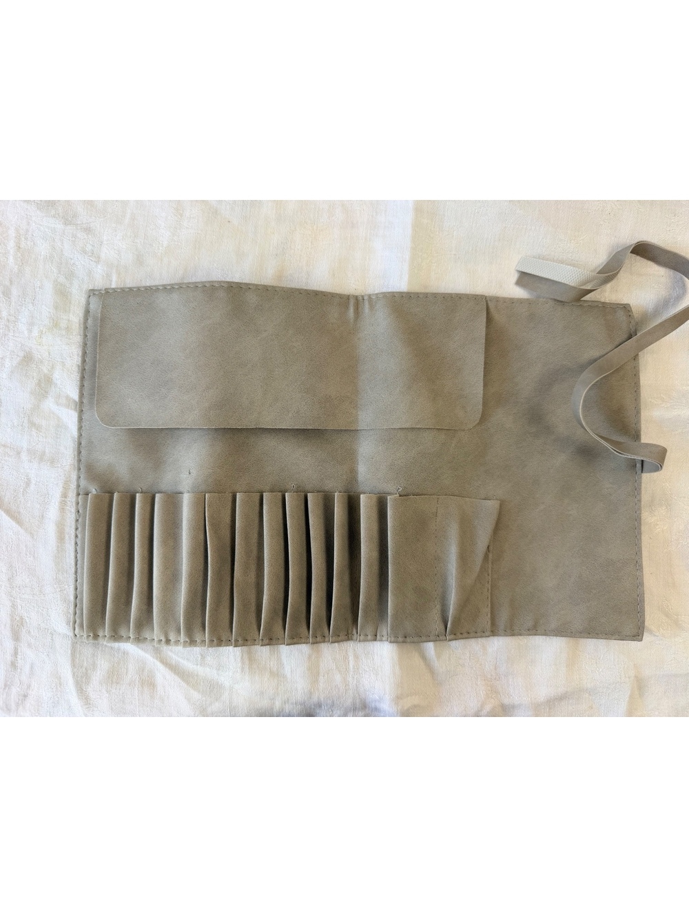 Gray Faux Suede Brush Roll Organizer with Tie Closure